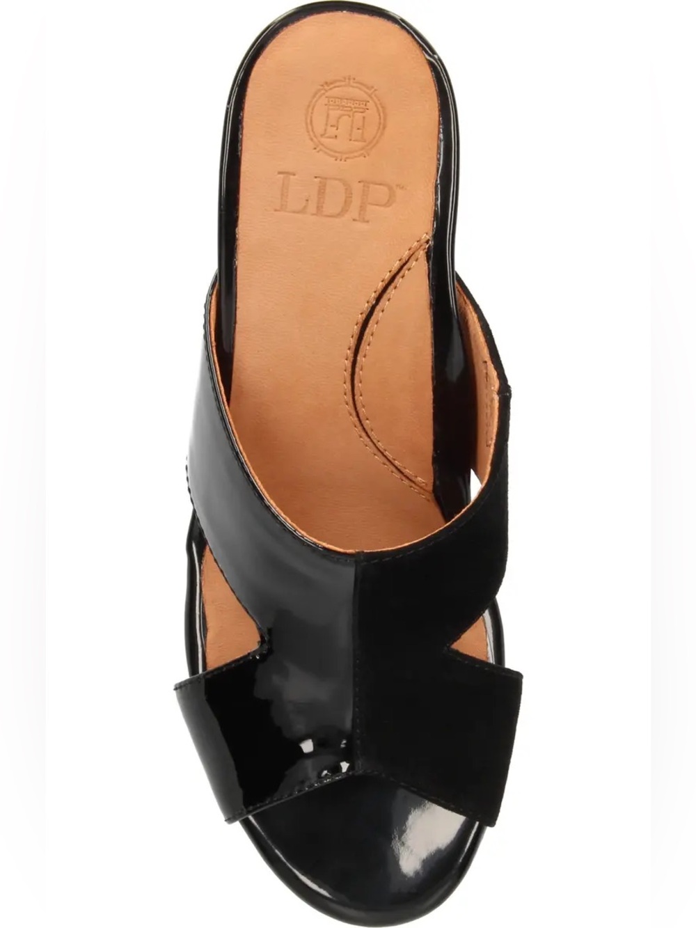 L’Amour de Pieds Women's Black Patent and Suede Slide Sandals